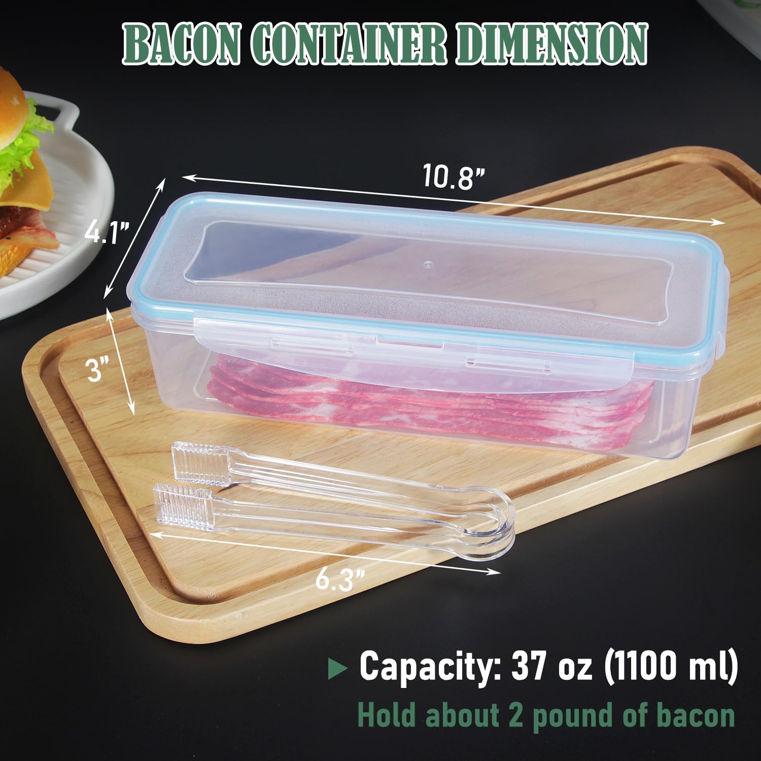 Bacon Storage Container with Air-tight Lids for Fridge BPA - free Long Bacon Containers Dishwasher Safe Plastic Deli Meat Keeper with Kitchen Food Serving Tongs for Refrigerator (Bacon Container Blue)