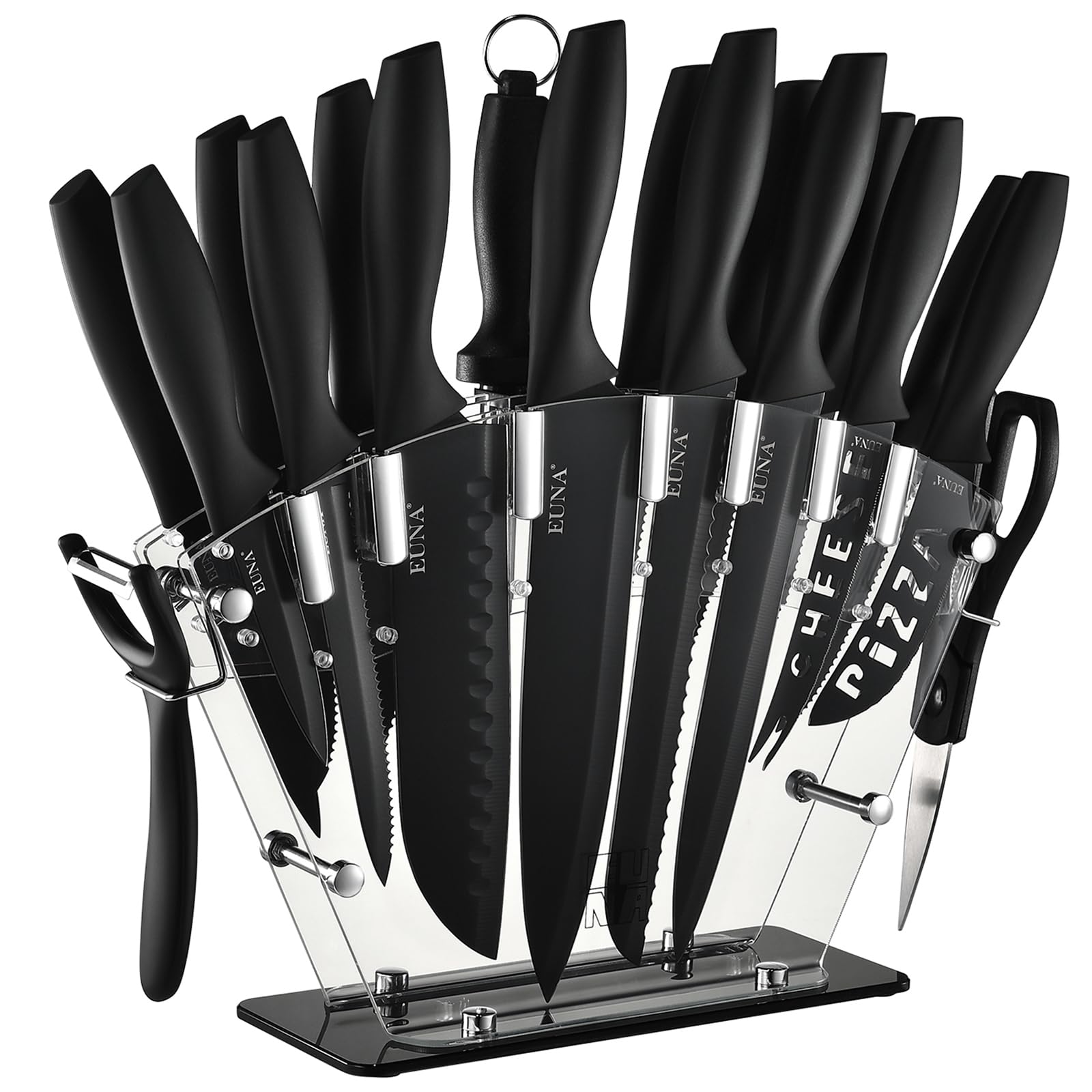 EUNA Kitchen Knife Set, 19 PCS Black Knife Set with Acrylic Block and Sharpener, German High-Carbon Stainless Steel Knife Sets with 6 Serrated Steak Knives, Bread Knife, Chef Knife, Dishwasher Safe