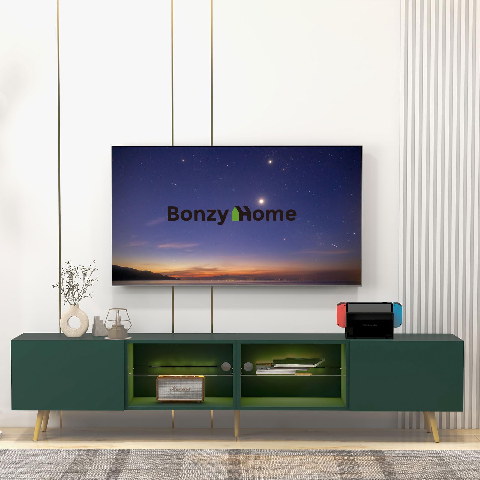 Bonzy Home 86" LED TV Stand, Modern Entertainment Center up to 90" TV, Television Console Table with Storage Cabinets for Living Room, Dark Green