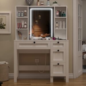 FIONESO Vanity Desk, Makeup Vanity with Glass Tabletop & Power Outlet, Vanity Desk with Mirror and Lights, Makeup Vanity Desk with 4 Drawers & 6 Shelves, Vanity Set for Bedroom, White