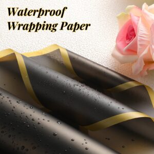 Sawnfay 20 Sheets Flower Wrapping Paper, Waterproof Bouquet Wrapping Paper, Floral Wrapping Paper with Ribbon, Ideal for Wedding, Birthday, DIY Projects - 22.8x22.8inch (Black)