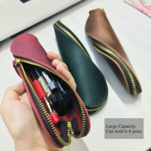 PTGMH Leather Pencil Case Crazy Horse Leather Zipper Pencil Pouch S Shape Pen Holder and Organizer Pencil Bag Leather Pen Case for Office