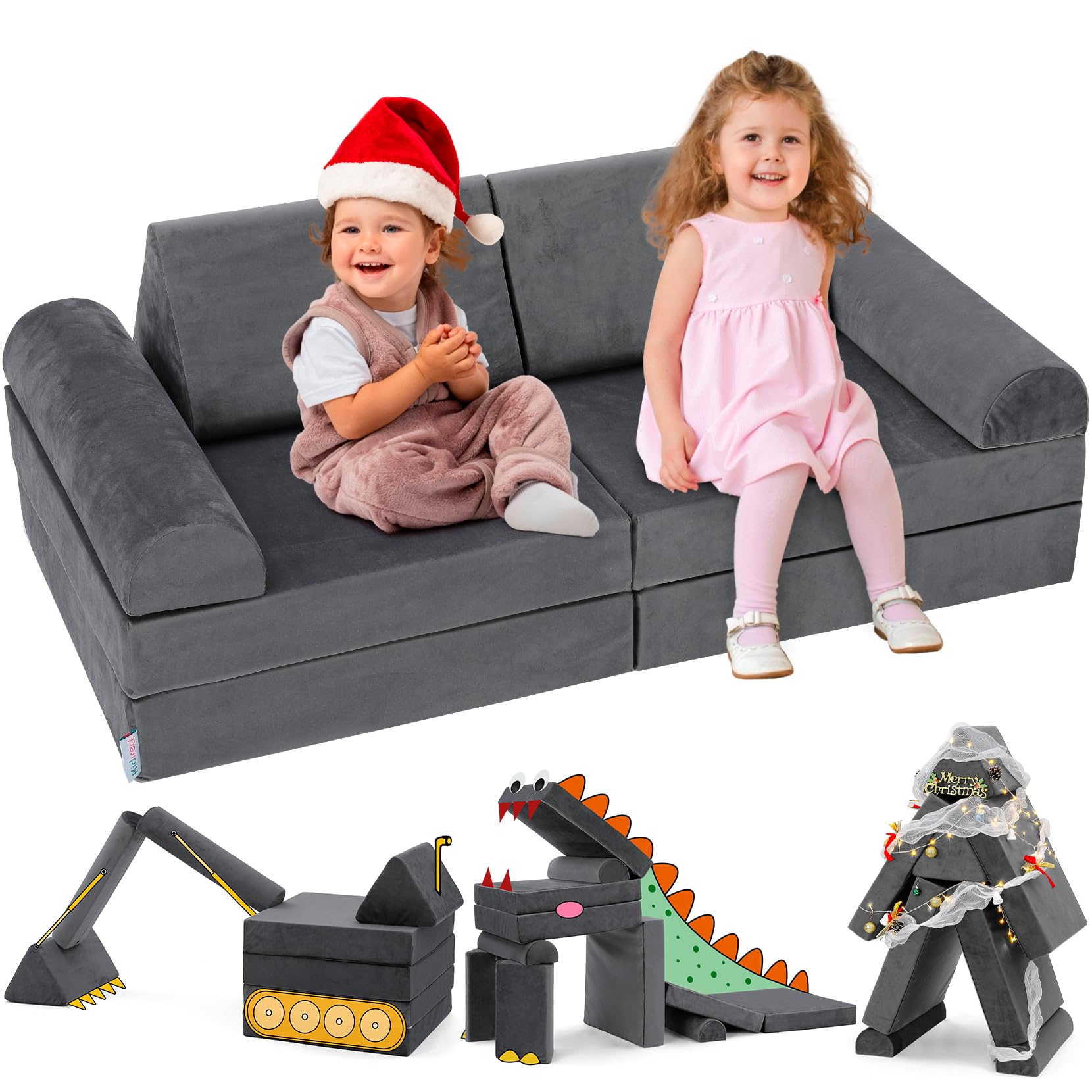 Kidirect Modular Kids Play Couch, K8 Imaginative Convertible Foam Play Couch for Kids and Toddlers, 350+ DIY Kid Couch for Playroom, Creative Toddler Play Couch Sofa, Child Sectional Sofa, Space Grey