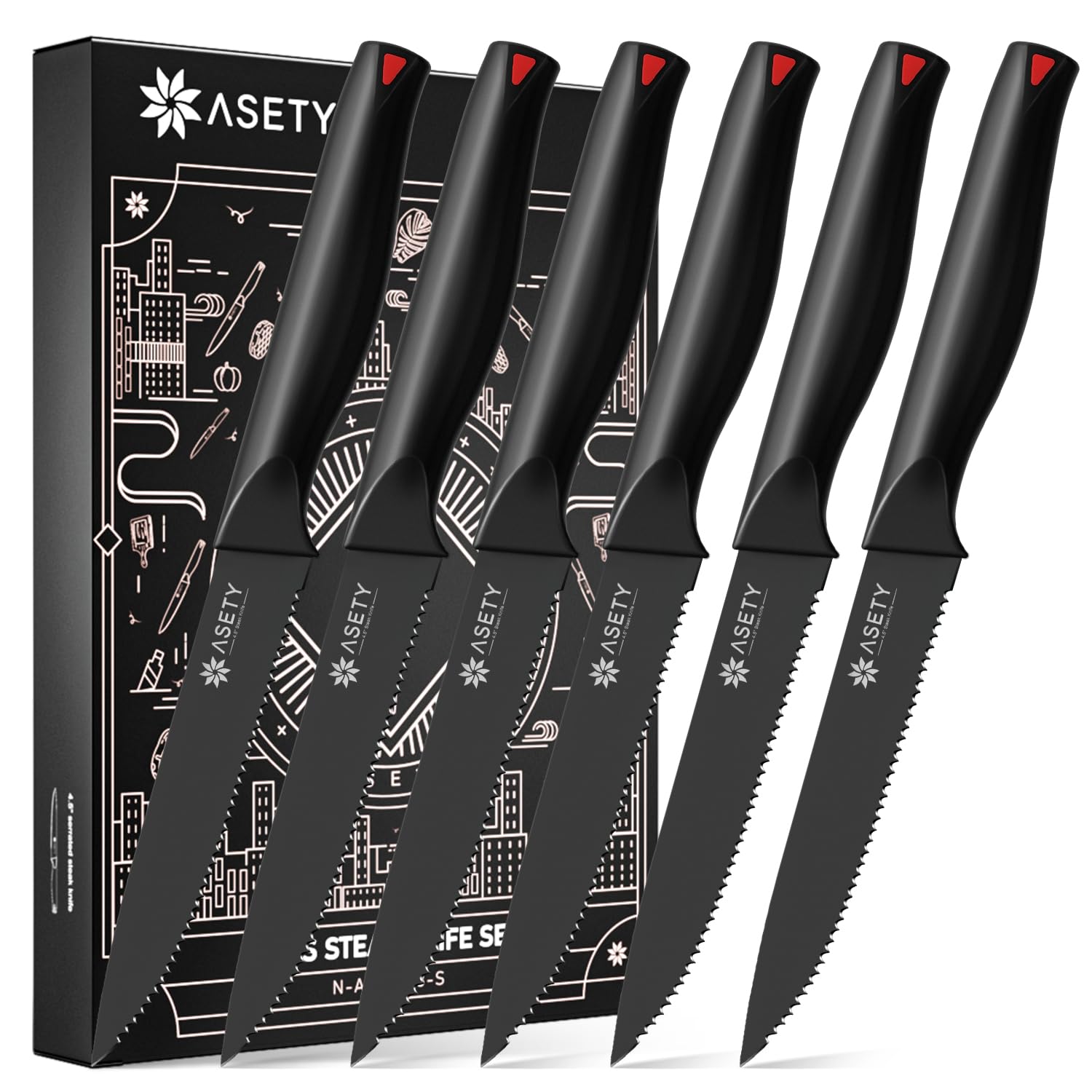 ASETY Steak Knives Set of 6, Serrated Steak Knives,Dishwasher Safe,High-Carbon Stainless Steel Steak Knife Sets with Elegant Box,Black