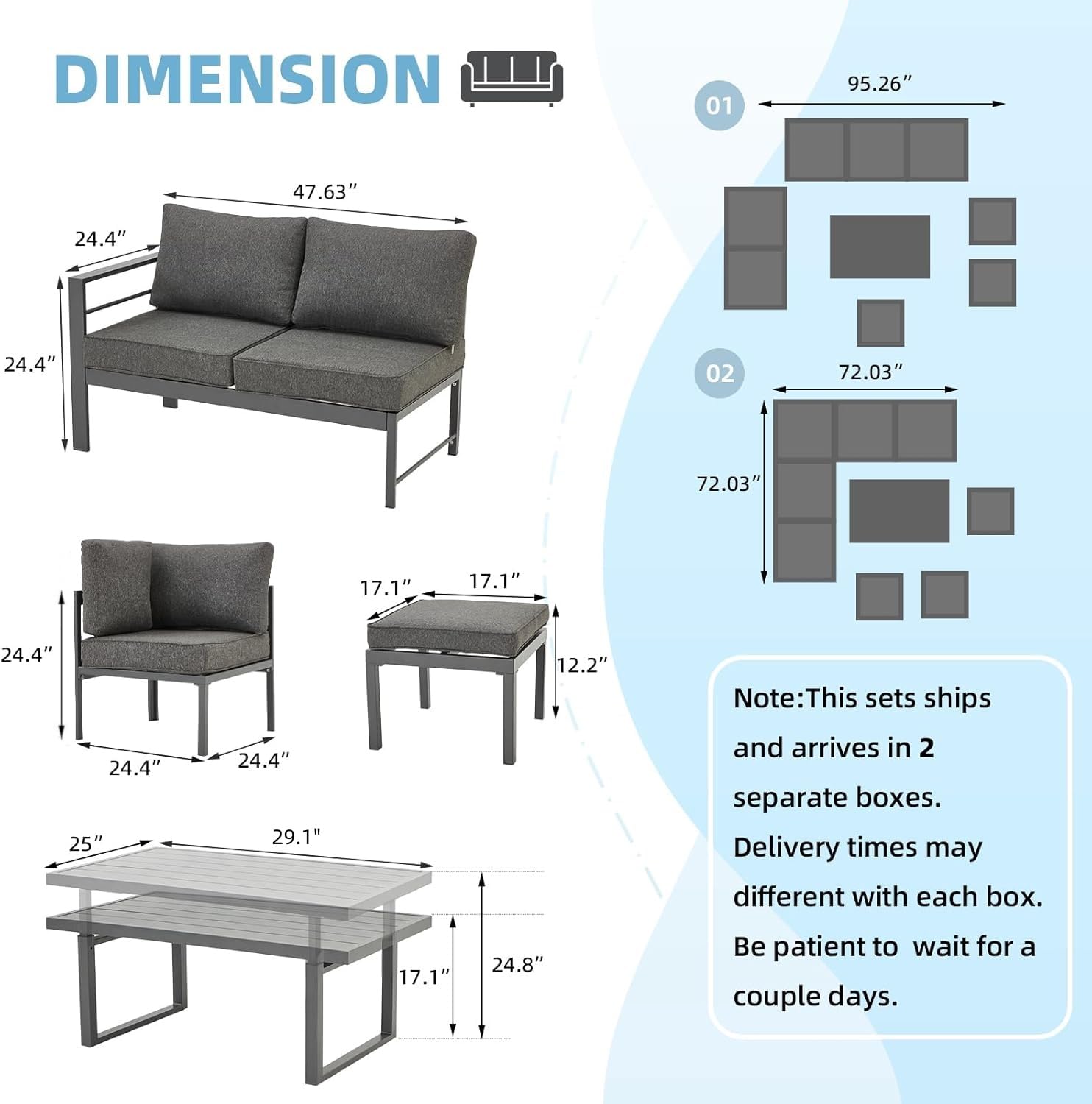 AECOJOY Aluminum Patio Furniture Set, Outdoor Modern Metal Outdoor Furniture Sofa Set, Outdoor Conversation Table and Chair Sets for Lawn, Backyard, and Deck with Dark Grey Cushions