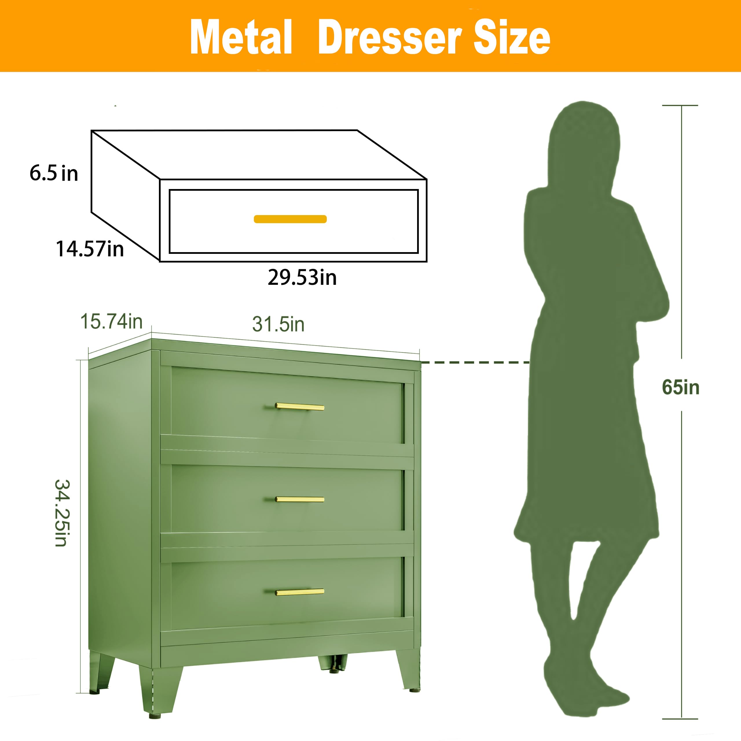 Dresser for Bedroom Drawer Organizer Storage with 3 Drawers,34.25" H Storage Cabinet Metal Storage Drawers,Closet Storage,Drawer Chest and Closet Organizers Matcha Green