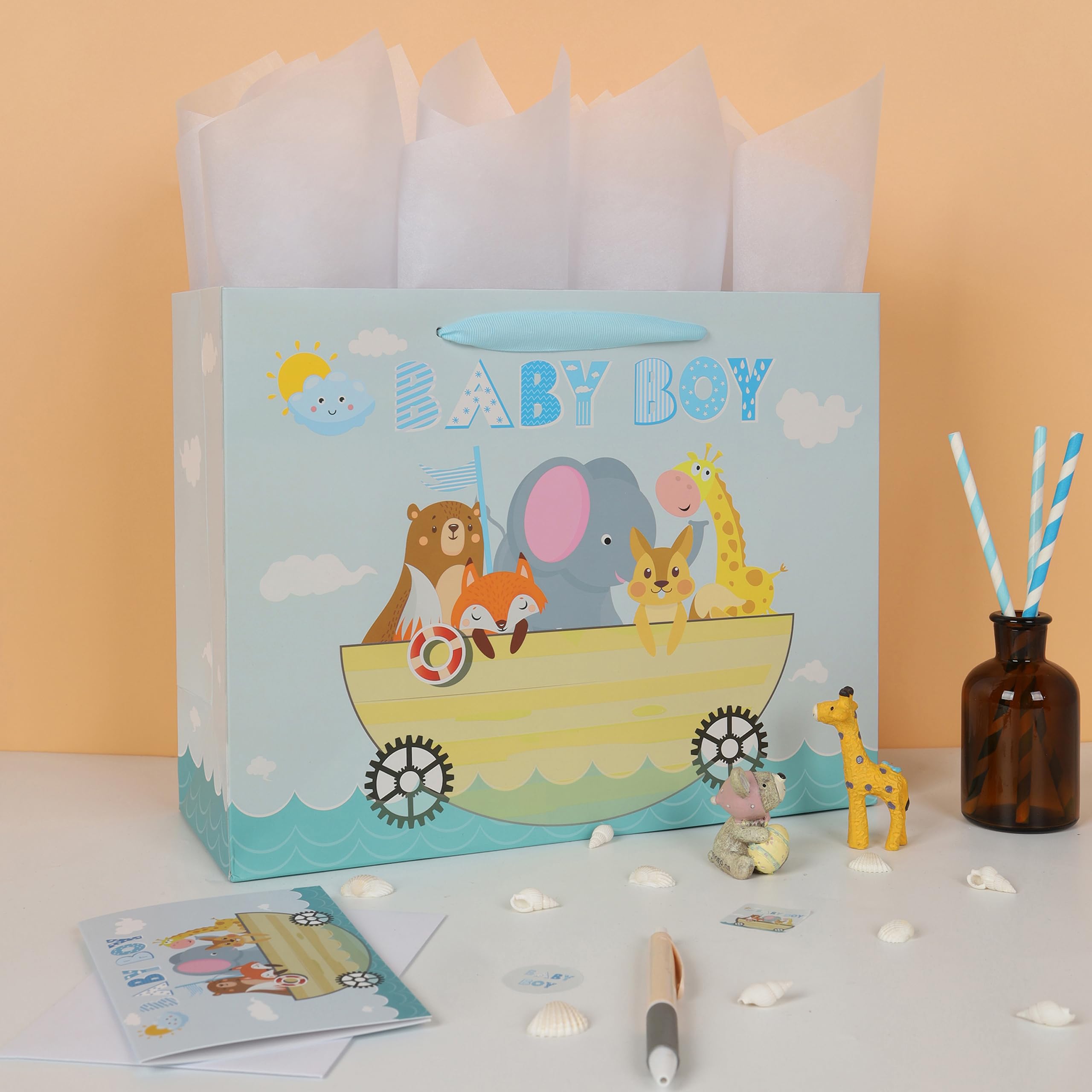 13" Large Baby Blue Gift Bag Set with Greeting Card and Tissue Paper (Animals and ‘Baby Boy’) for Baby Boy, Baby Shower, Boys' Birthday Party - 13”x5.2”x10.2”, 1 Pcs.