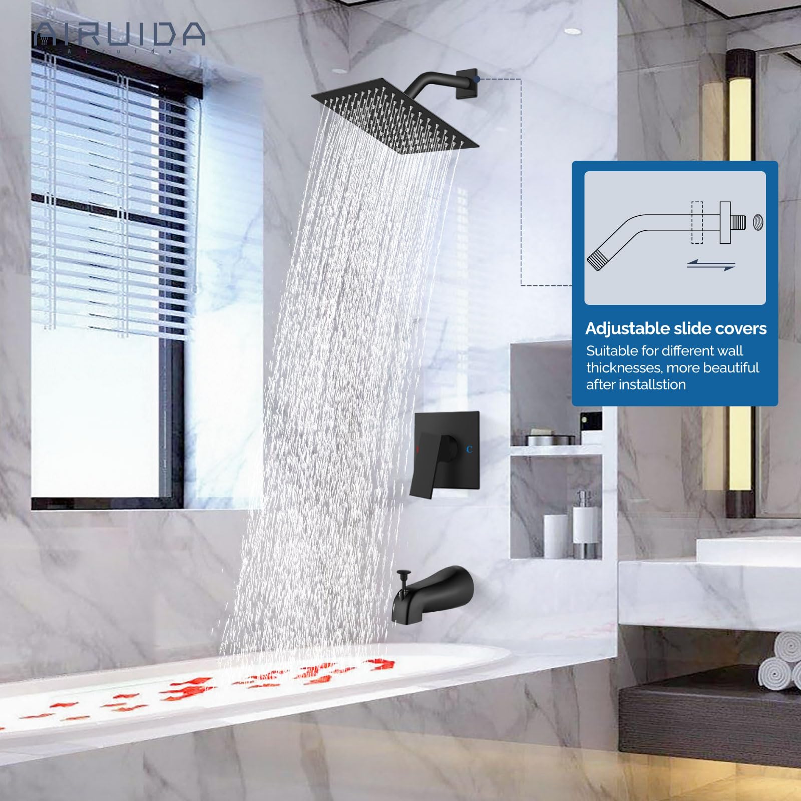 Airuida Shower Faucet Set with 8 Inch Rainfall Square Showerhead and Tub Spout Bathtub Faucet Wall Mount Kitchen Faucet Matte Black 8 Inch Center Wall Mount Faucet Kitchen with Sprayer