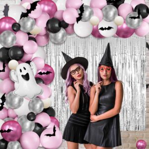 MEHOFOND Little Boo Halloween Party Decorations for Girls 200 Pcs, Pink and Silver Balloon Garland Arch Kit with Foil Curtain for Halloween Birthday Baby Shower Party Decor