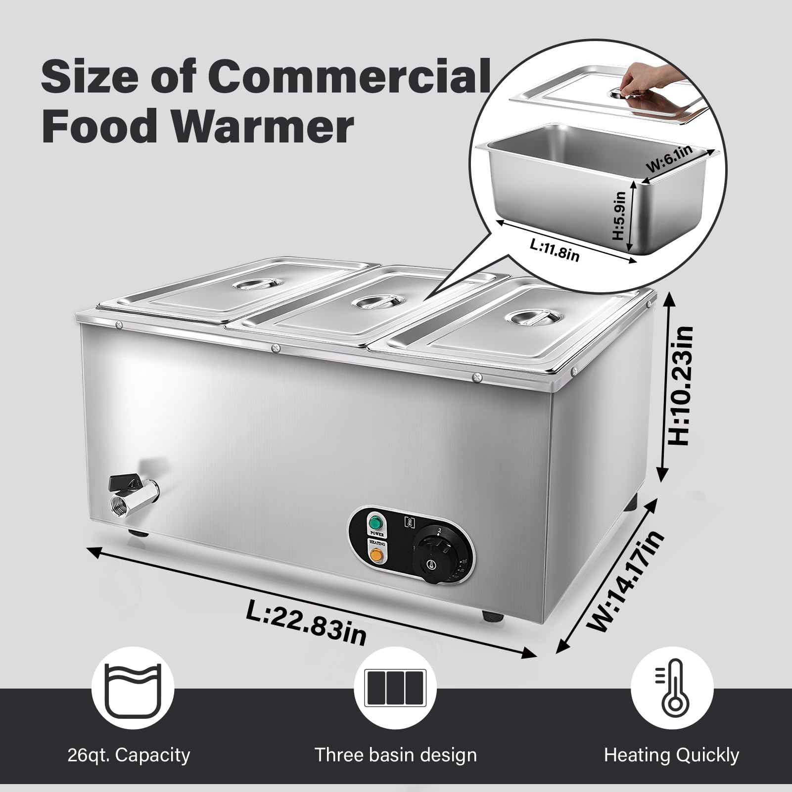 3-Pan Commercial Food Warmer,21 QT Electric Countertop Food Warmer,Stainless Steel Buffet Bain Marie Servers with Temp Control 86-185°F, Steam Table Food Warmer for Catering Parties Restaurants 1200 W