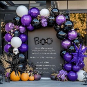 Black Purple White Balloon Garland - Double Stuffed Dark Purple Balloon Royal Purple Black Metallic Black Lilac Starburst Balloon Arch Kit for Birthday Halloween Anniversary Wednesday Party Decor