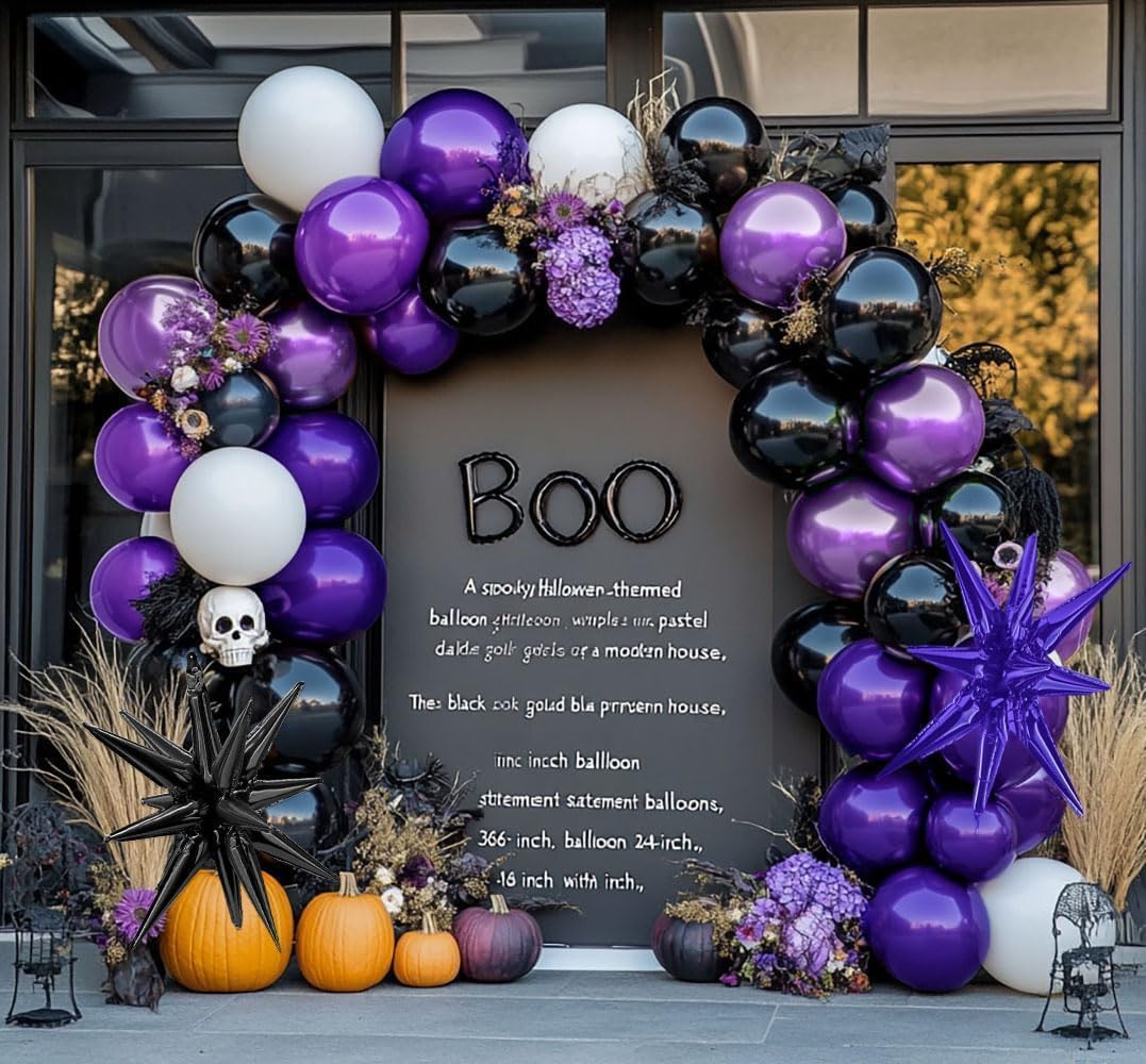 Black Purple White Balloon Garland - Double Stuffed Dark Purple Balloon Royal Purple Black Metallic Black Lilac Starburst Balloon Arch Kit for Birthday Halloween Anniversary Wednesday Party Decor