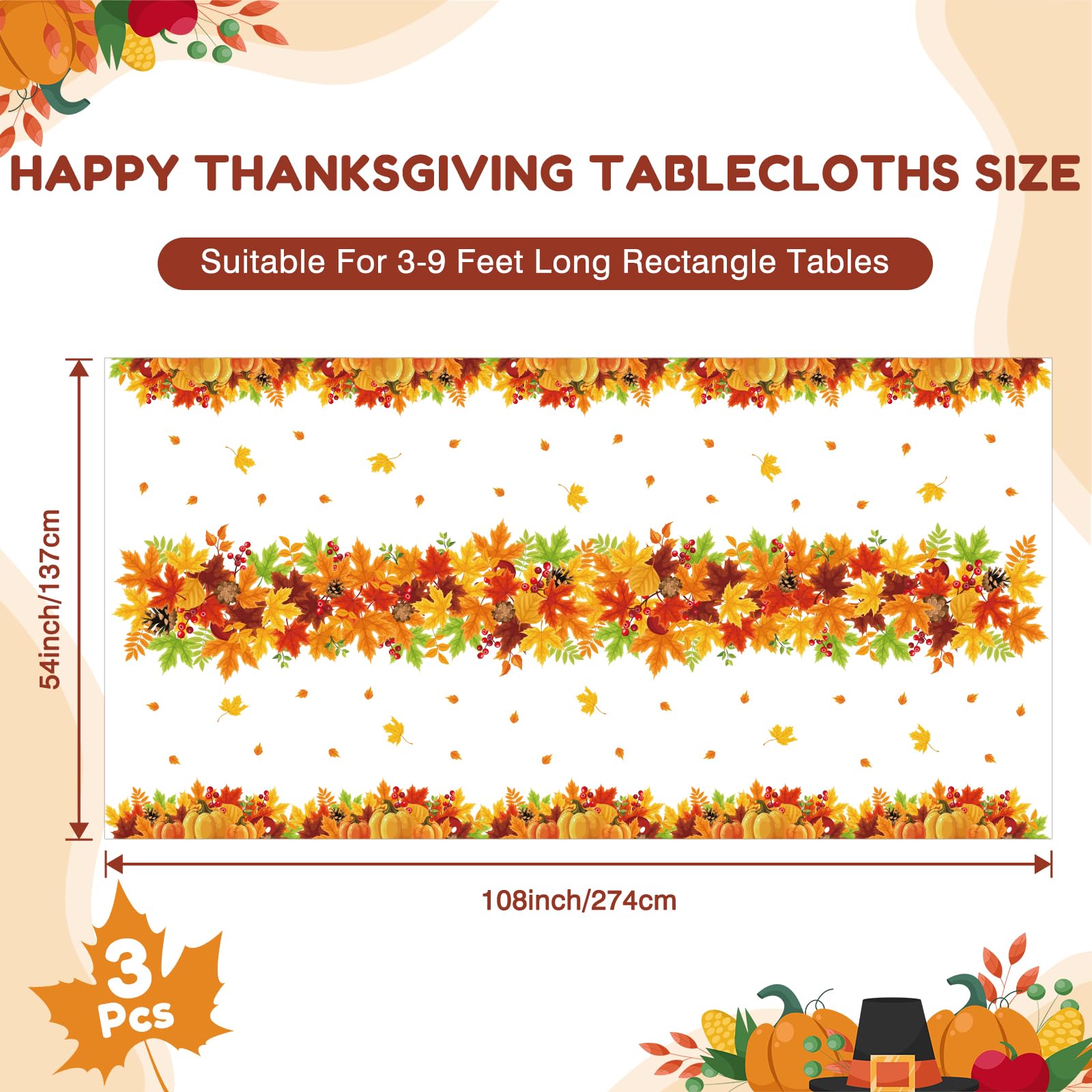 3Pcs Thanksgiving Disposable Tablecloth, Fall Thanksgiving Party Supplies, Maple Pumpkin Plastic Waterproof Rectangular Table Cover for Autumn Harvest Party Decorations for Home, Table Decor, 54"x108"