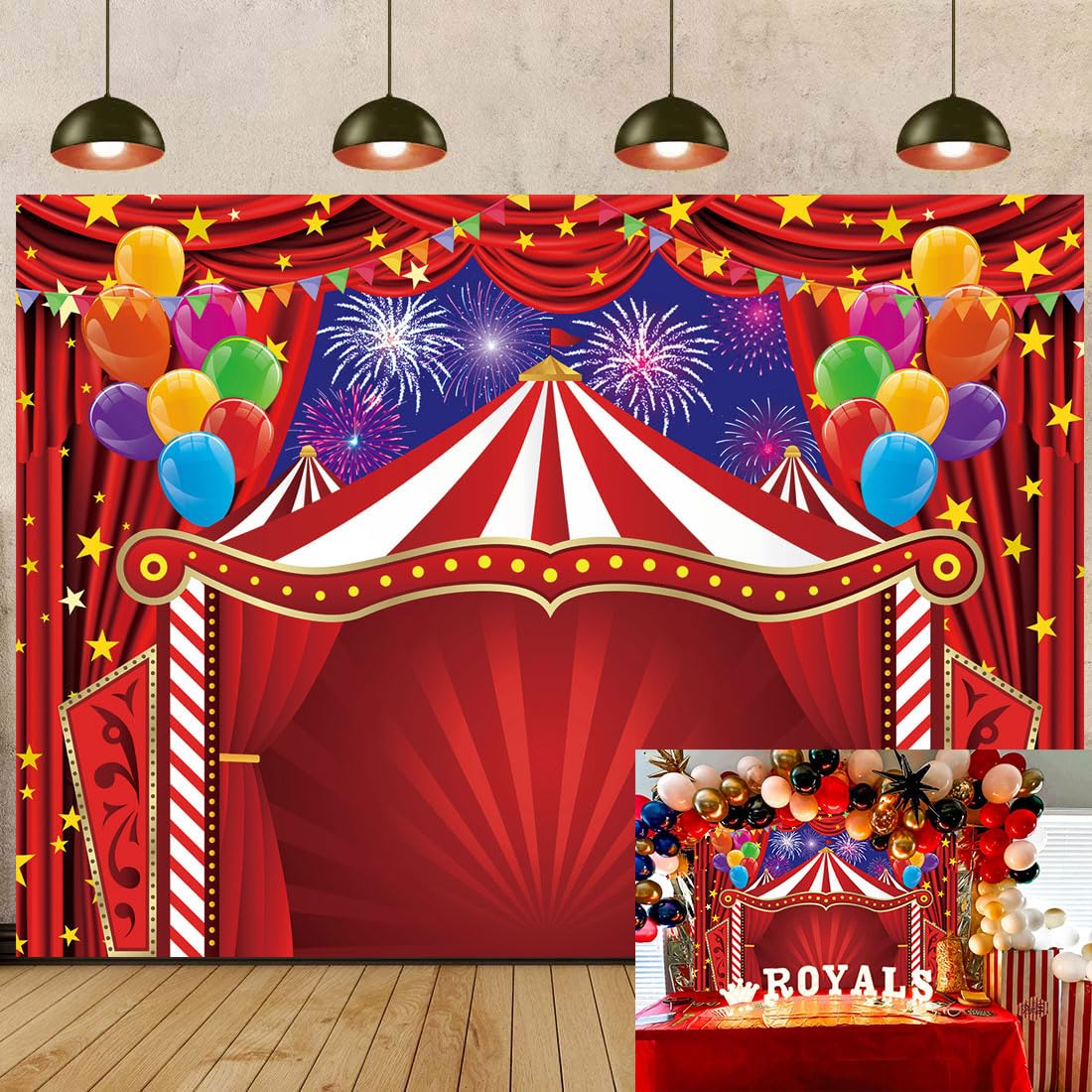 Red Circus Backdrop 7x5FT Carnival Theme Tent Photography Background Circus Amusement Park Fireworks Balloon Banner for Newborn Baby Shower Birthday Party Decorations Supplies (84x60 inch)