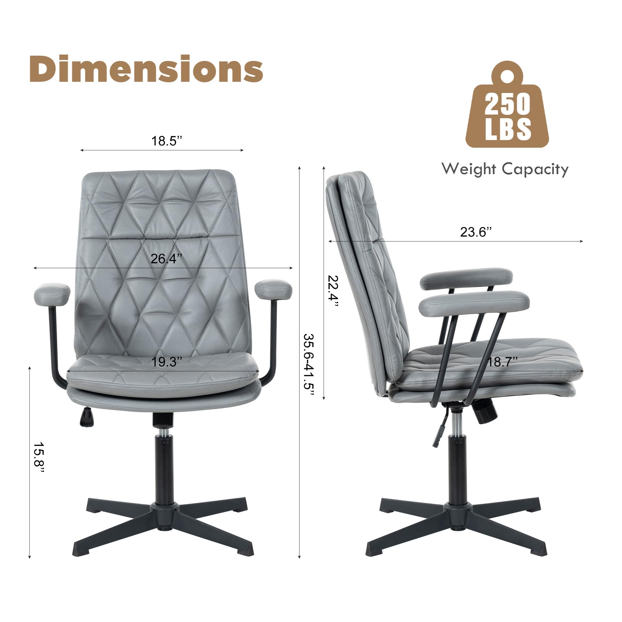 HoeuThien Desk Chair Without Wheels Swivel Tilt Home Office Chair with Criss Cross Legs Solid Armrest Grey