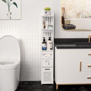 pofluany Small Bathroom Storage Cabinet Beside Toilet with Paper Dispenser, Slim Toilet Paper Storage Corner Floor Cabinet Bathroom Organizer for Small Space, Bathroom, Kitchen, Laundry White