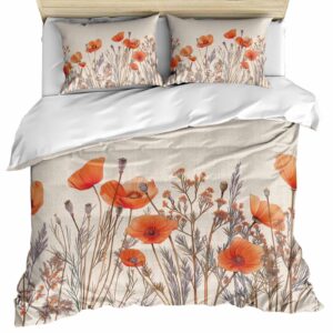 lsrtoss orange spring floral twin duvet cover set for all season, watercolor farmhouse botanical microfiber 3 piece bedding set with 2 pillowcases & 1 quilt cover, 68" w x 86" l, twin size