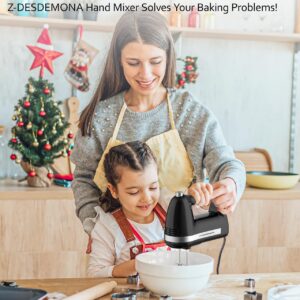 Z-DESDEMONA Electric Hand Mixer, Powerful 300W Hand Mixer Electric Handheld with 304 Beaters, Dough Hook,Hand Held Mixer with Turbo for Baking Cakes, Eggs, Cream Food(Black)