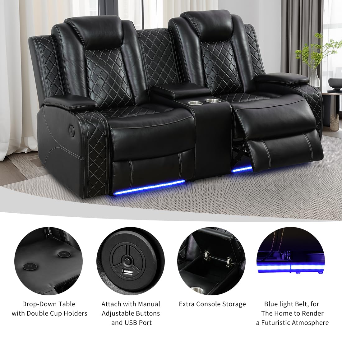 Dekmxas Living Room Sofa Set Black Breathing Leather Sofa Living Room Furniture Power Recliner Manual Adjustable Loveseat with Cup Holders/Storage Console/LED Light for Living Room, Office, Rv Car