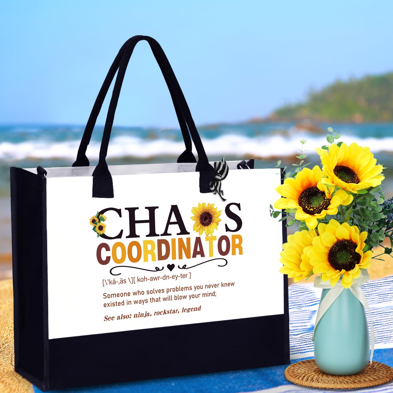 Chaos Coordinator Gifts For Women ,Thank You Gift For Coworker Manager Boss Lady Nurse Employee Teacher Appreciation , Birthday Christmas Office Work Sunflower Gifts Basket With Canvas Tote Bag