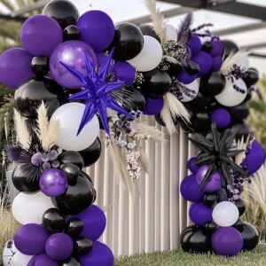 Black Purple White Balloon Garland - Double Stuffed Dark Purple Balloon Royal Purple Black Metallic Black Lilac Starburst Balloon Arch Kit for Birthday Halloween Anniversary Wednesday Party Decor