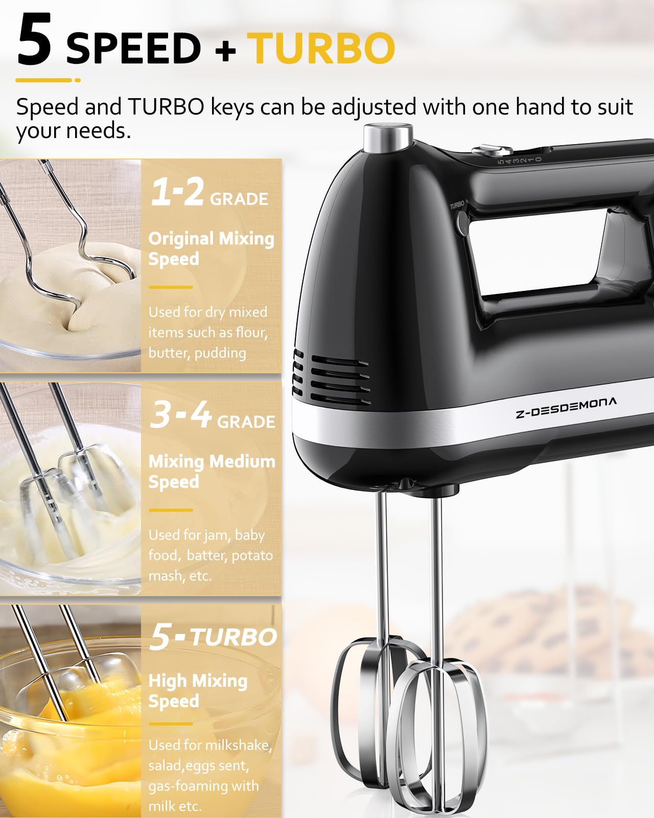 Z-DESDEMONA Electric Hand Mixer, Powerful 300W Hand Mixer Electric Handheld with 304 Beaters, Dough Hook,Hand Held Mixer with Turbo for Baking Cakes, Eggs, Cream Food(Black)