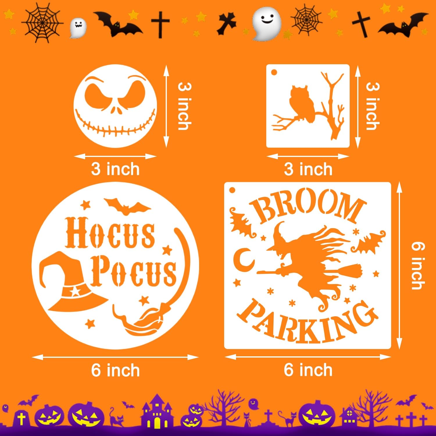 48 PCS Halloween Stencils Reusable, Ghost Bat Witch Spider Pumpkin Stencils for Painting on Wood DIY Crafts Ornaments Wood Slice Halloween Decoration