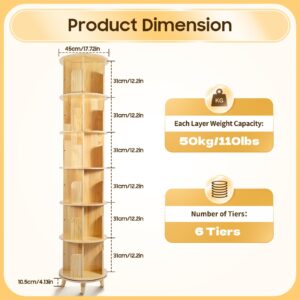 6 Tier Rotating Bookshelf 360 Display Floor Standing Bookcase Spinning Bookshelf Tower Tall Narrow Wooden Book Shelf Rotating Book Shelf with Legs Book Shelf Organizer for Bedroom Living Room DIY