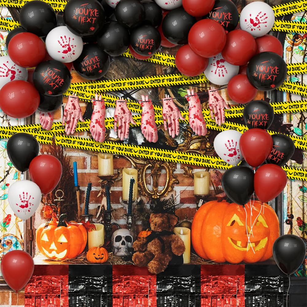 AIBIIN Halloween Balloon Arch Kit Black Red Bloody Hand Print Balloon Garland and Black Red Tableskirt Have a Killer Halloween Birthday Party Decorations Horror Scary Blood Party Supplies