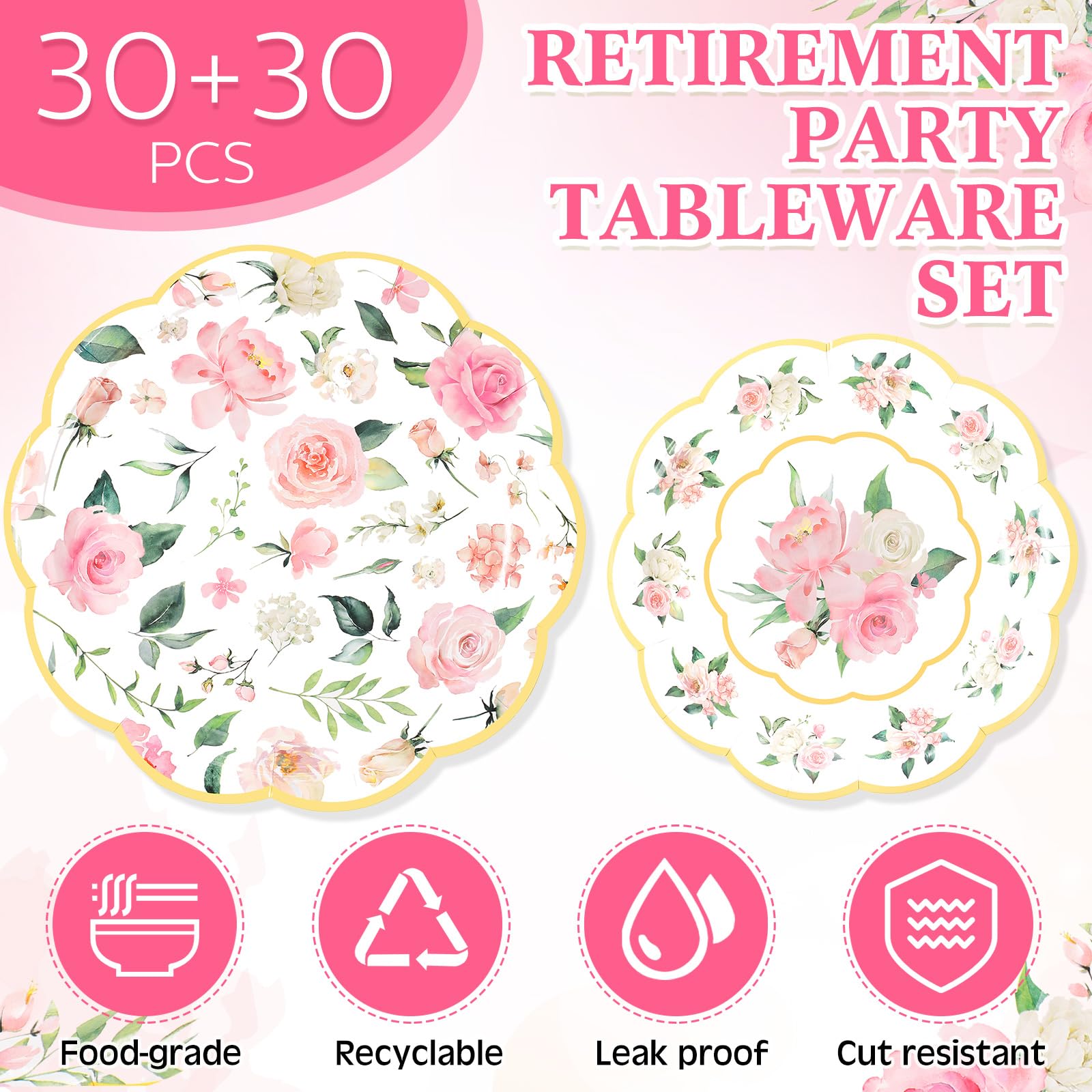 Pickmesh 60 Pack Floral Paper Plates 9 in and 7 in Flower Party Plates Pink Disposable Dessert Plates Wedding Plates Gold Foil Edge Tea Party Plates for Birthday Baby Shower Bridal Party Decor