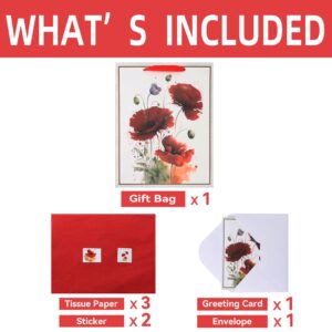 Qirrmiy 13” Large White Gift Bag Set with Greeting Card and Tissue Paper (Watercolor Red Flowers) for Celebrating Birthdays, Weddings, Anniversaries, Mother's Day - 10.2”x5.2”x13”, 1 Pcs.