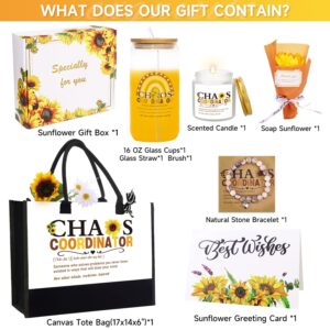 Chaos Coordinator Gifts For Women ,Thank You Gift For Coworker Manager Boss Lady Nurse Employee Teacher Appreciation , Birthday Christmas Office Work Sunflower Gifts Basket With Canvas Tote Bag