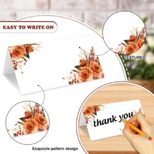 Whaline 100Pcs Orange Floral Place Cards 3.5 x 2 Inch Watercolor Rose Tented Card Seating Cards Blank Table Name Sign for Fall Thanksgiving Party Table Setting Supplies