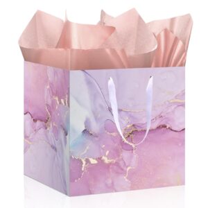 11.8" extra large gift bag colorful marble square giant gift bag with handles and tissue paper big present bag pink purple wrapping paper bag for birthday wedding christmas baby shower party supplies