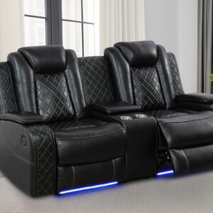 Dekmxas Living Room Sofa Set Black Breathing Leather Sofa Living Room Furniture Power Recliner Manual Adjustable Loveseat with Cup Holders/Storage Console/LED Light for Living Room, Office, Rv Car