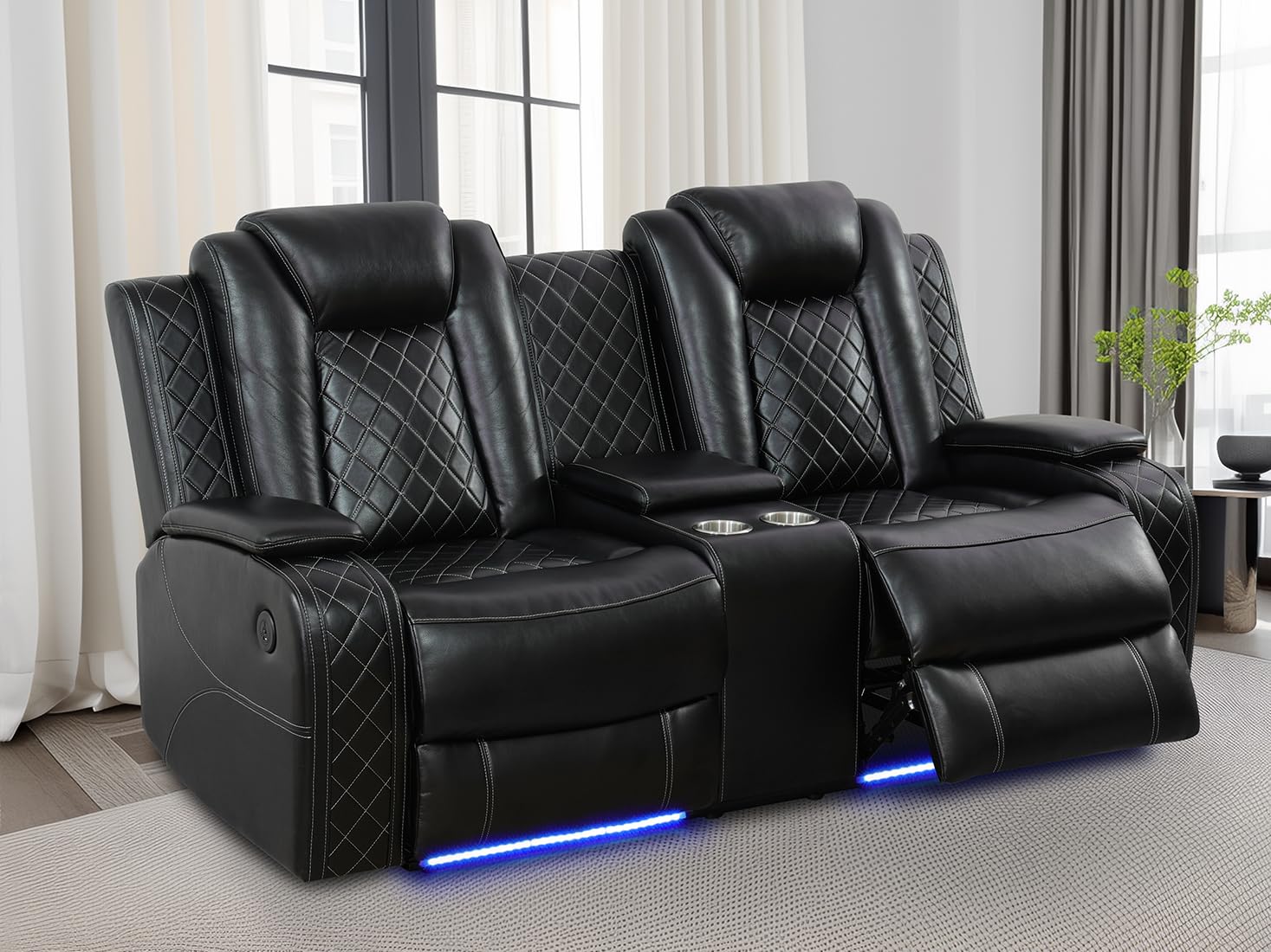 Dekmxas Living Room Sofa Set Black Breathing Leather Sofa Living Room Furniture Power Recliner Manual Adjustable Loveseat with Cup Holders/Storage Console/LED Light for Living Room, Office, Rv Car