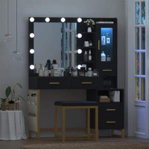 Makeup Vanity Table Set with LED Lights & Charing Station, Large Make up Vanity Desk with Mirror and Lights, Dressing Vanity Table with Nightstand & Soft Stool, Black Vanity with Drawers & RGB Cabinet