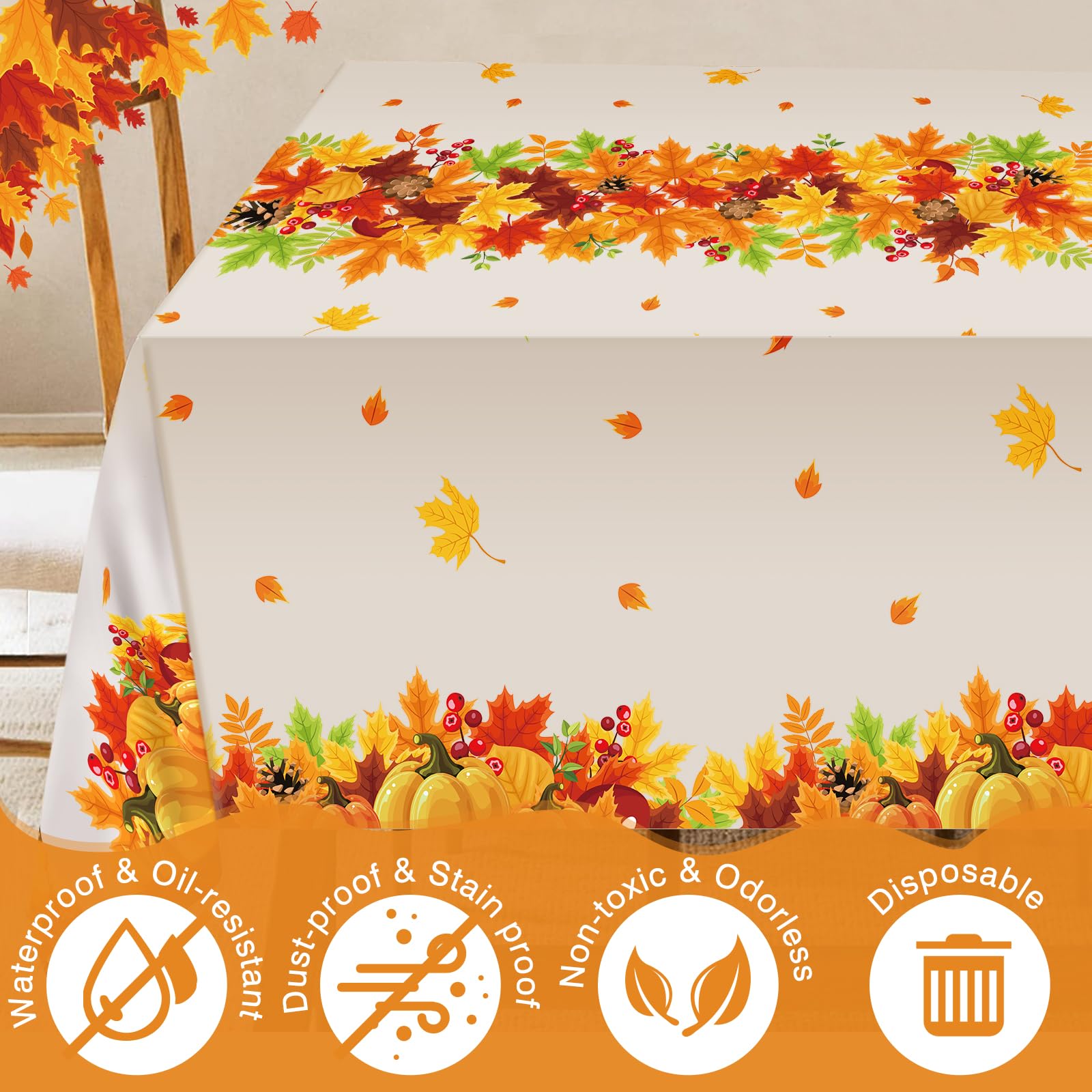 3Pcs Thanksgiving Disposable Tablecloth, Fall Thanksgiving Party Supplies, Maple Pumpkin Plastic Waterproof Rectangular Table Cover for Autumn Harvest Party Decorations for Home, Table Decor, 54"x108"