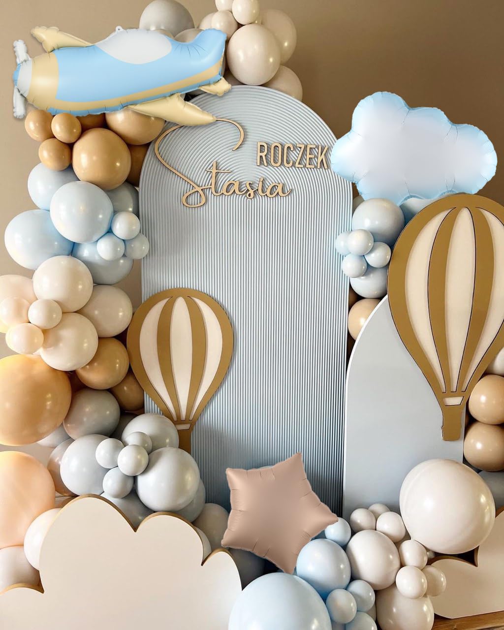 Time Flies Balloon Garland Arch Kit, 155pcs Brown Blue Beige and Airplane Cloud Star Foil Balloons for How Time Flies First Birthday Travel ONEderful World Airplane Party Baby Shower Decorations