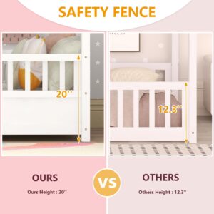 Kids Montessori Bed Twin Size, Twin Floor Bed with High Fence, House Bed for Kids, Girls, Boys, Wood Montessori Floor Bed Without Slats(White Twin)