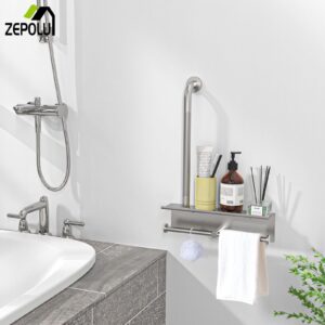 Toilet Paper and Wipes Holder Grab Bar Combo, Zepolu Brushed Nickel Anti-Slip Safety Bar, Wall Mounted Bathroom Handrail w/Storage Shelf, Stainless Steel Handicap Toilet Paper Holder Assist Handle