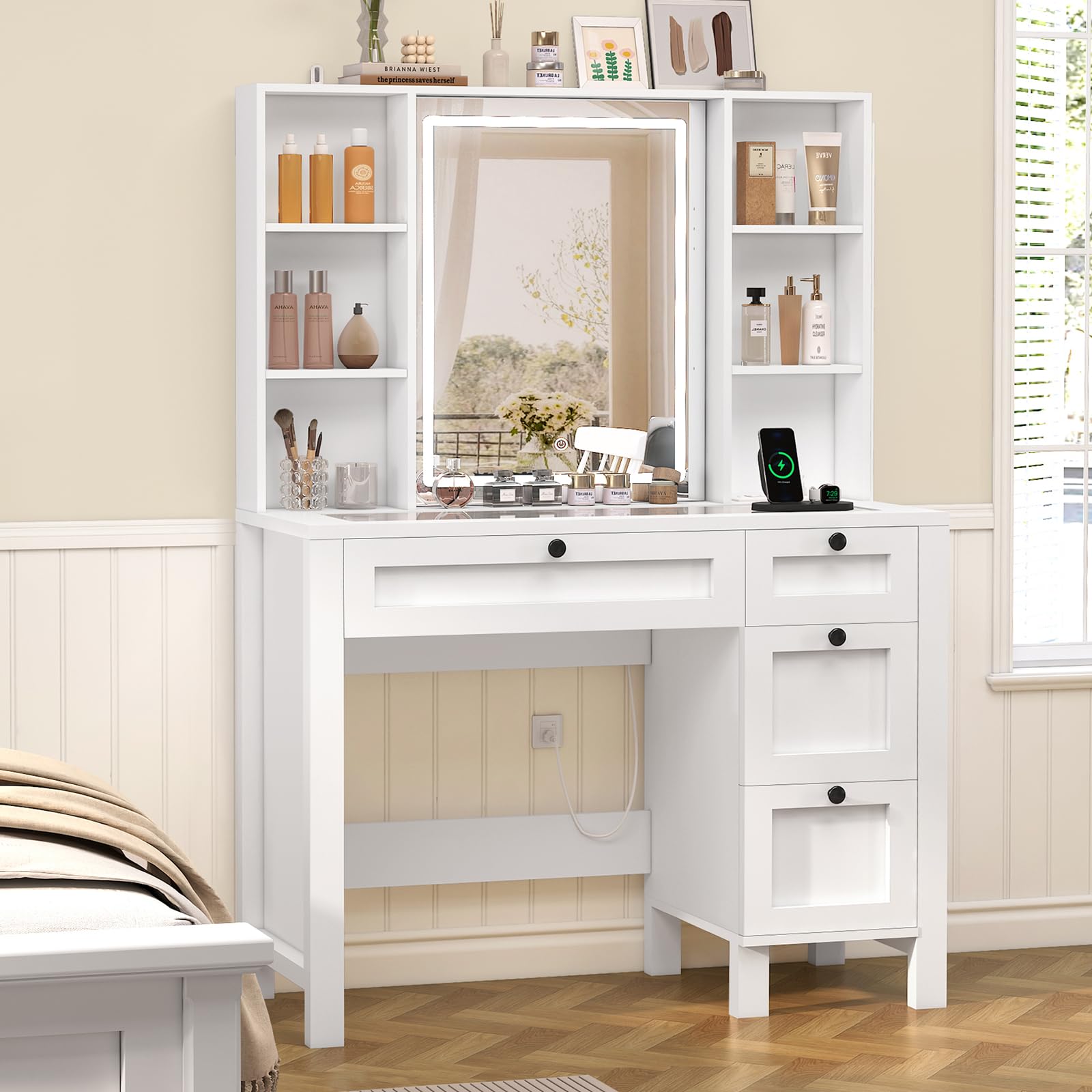 FIONESO Vanity Desk, Makeup Vanity with Glass Tabletop & Power Outlet, Vanity Desk with Mirror and Lights, Makeup Vanity Desk with 4 Drawers & 6 Shelves, Vanity Set for Bedroom, White