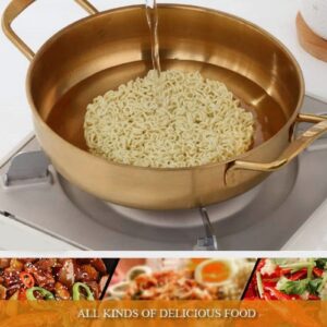 Ramen Pot, Stainless Steel Gold Noodles Pot with Double Handle for Pasta Soup, Korean Cooking Pot for Home Kitchen (Inner diameter 18cm)