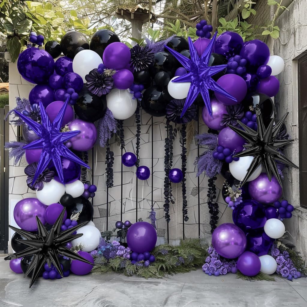 Black Purple White Balloon Garland - Double Stuffed Dark Purple Balloon Royal Purple Black Metallic Black Lilac Starburst Balloon Arch Kit for Birthday Halloween Anniversary Wednesday Party Decor