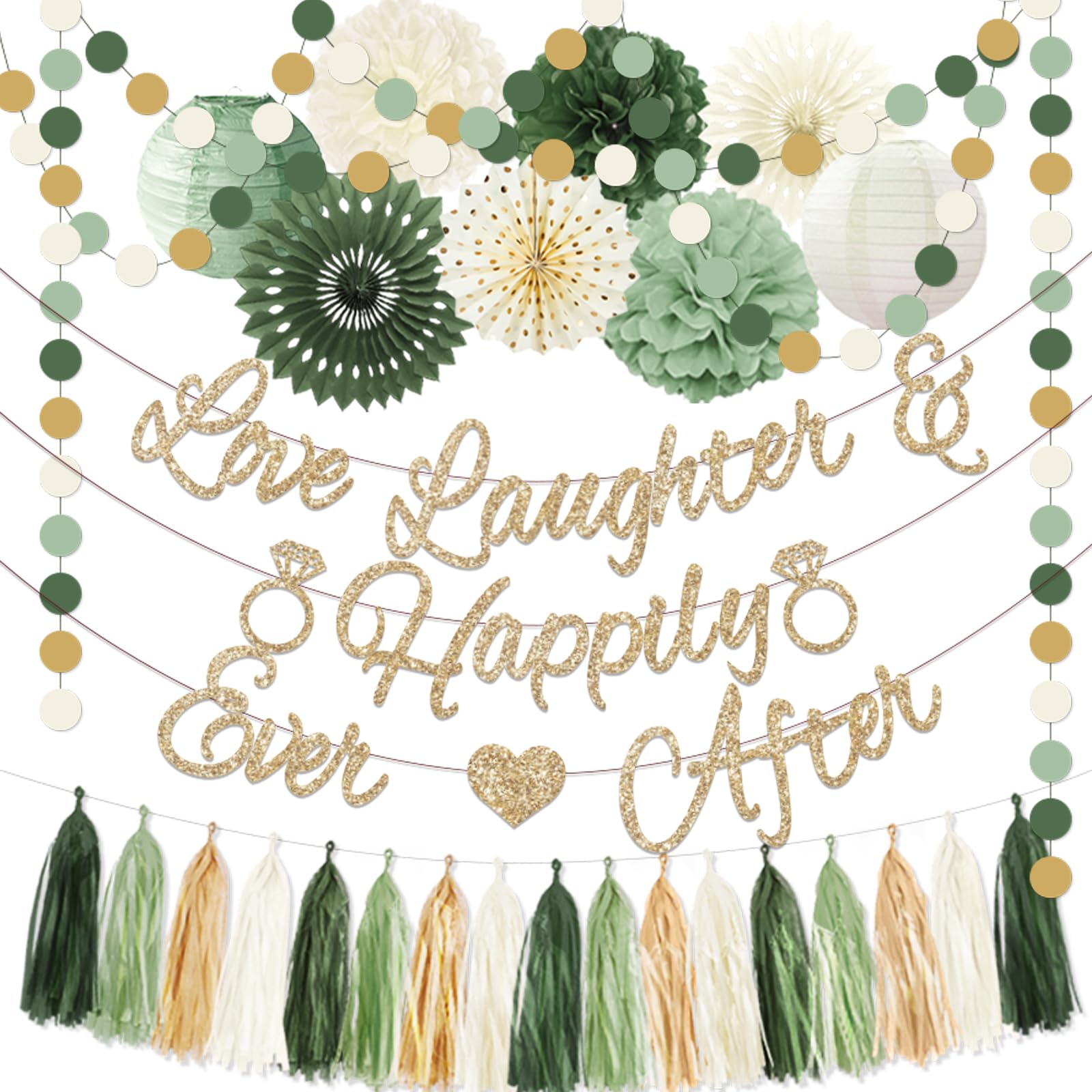 Bridal Shower Decorations,Bridal Shower Decorations Sage Green Includes Love Laughter Happily Ever After Decorations Paper Flower Ball for Wedding Bachelorette Party Decorations