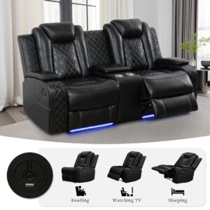 Dekmxas Living Room Sofa Set Black Breathing Leather Sofa Living Room Furniture Power Recliner Manual Adjustable Loveseat with Cup Holders/Storage Console/LED Light for Living Room, Office, Rv Car