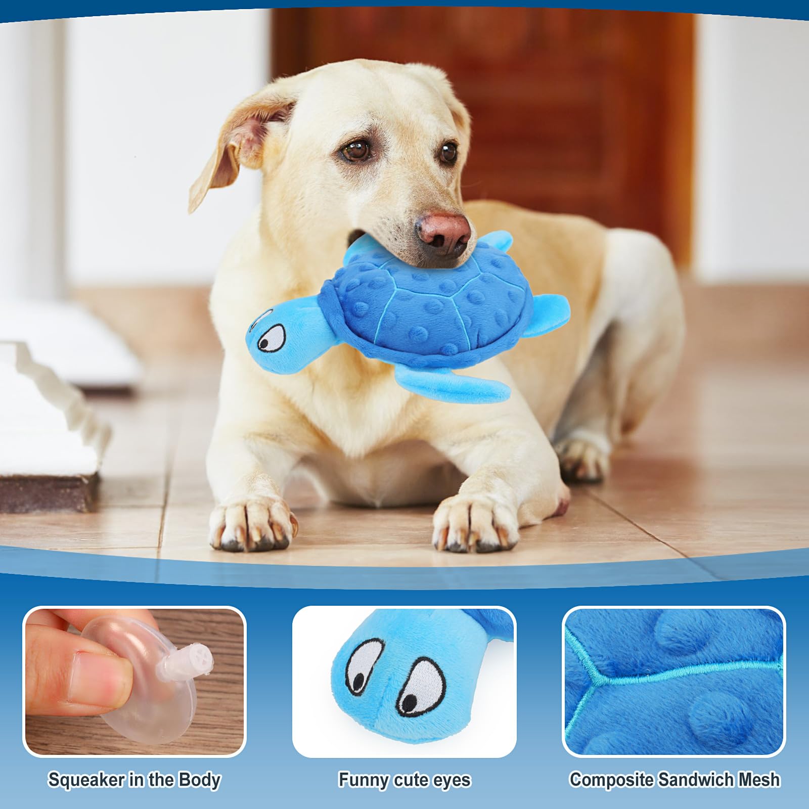 TONYFY Squeaky Sea Turtle Plush Dog Toy - Durable, No Stuffing, Interactive Chew Toy for Small Dogs - Relieve Anxiety, Teething, and Keep Them Busy for Puppy(Blue)