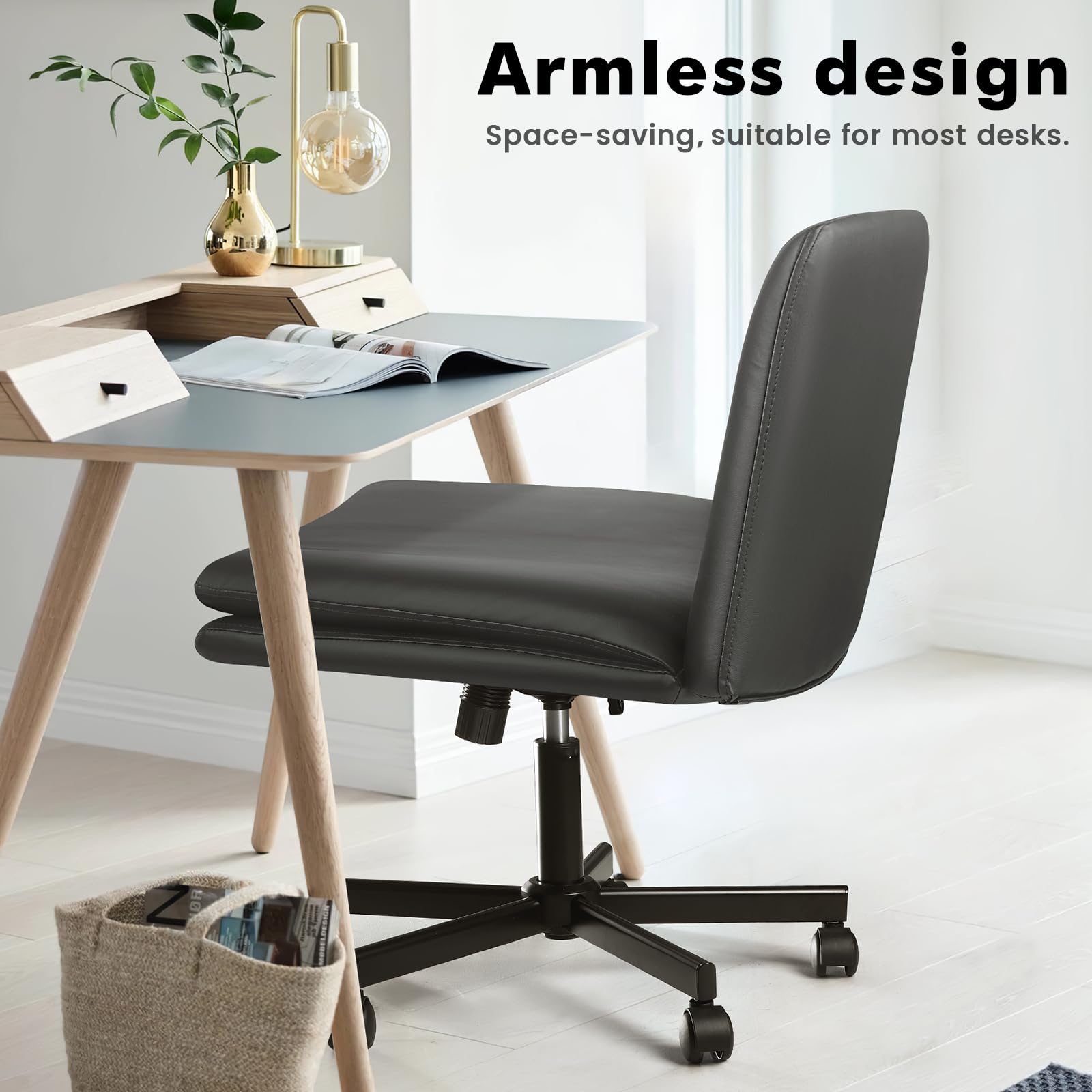 LEMBERI Armless Office Desk Chair with Wheels,Faux Leather Cross Legged Wide Chairs, Mid Back Swivel Computer Task Chairs for Home Office,Make Up,Small Space,Bed Room, Grey