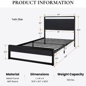 SHA CERLIN Twin Bed Frame with Wooden Headboard, Heavy Duty Metal Platform Bed, Single Platform Bed for Kids, No Box Spring Needed, Easy Assembly, Black