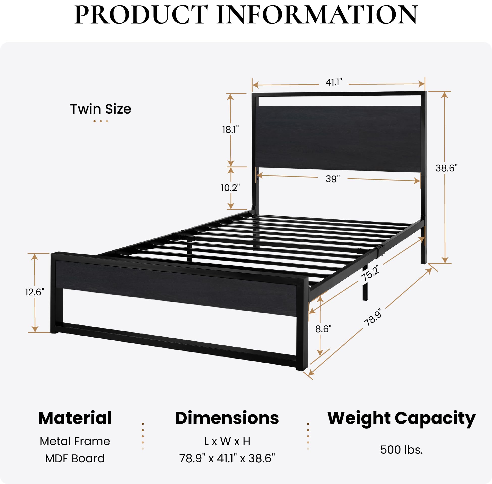 SHA CERLIN Twin Bed Frame with Wooden Headboard, Heavy Duty Metal Platform Bed, Single Platform Bed for Kids, No Box Spring Needed, Easy Assembly, Black